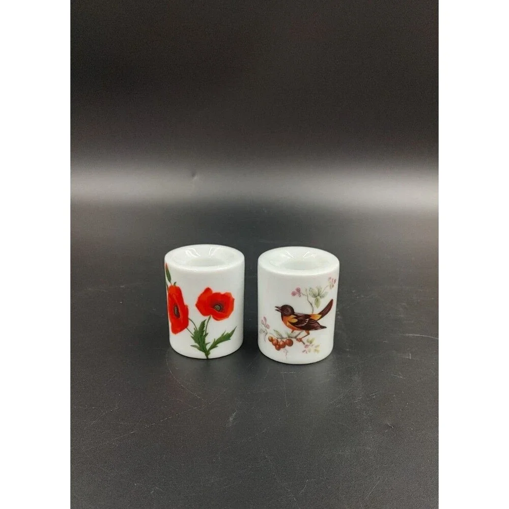 Vintage West German Porcelain Taper Poppy and Bird Candle Stick Holders Lot of 2